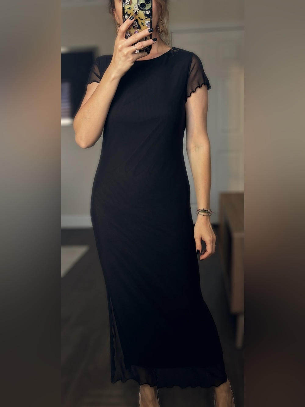 bebe Black Short Sleeve Maxi Mesh dress with Ruffle Sleeves Sz L